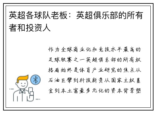 英超各球队老板:英超俱乐部的所有者和投资人