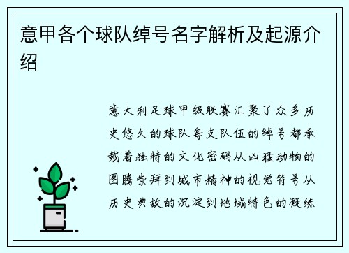 意甲各个球队绰号名字解析及起源介绍