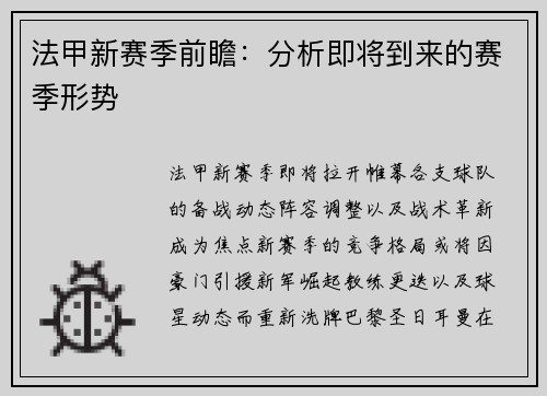 法甲新赛季前瞻：分析即将到来的赛季形势